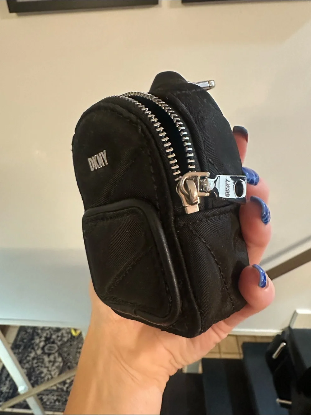 DKNY Black Quilted Nylon Backpack with Mini Pouch Charm